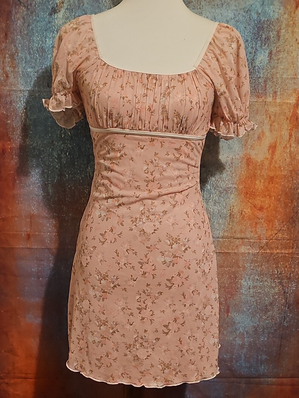 Pink Floral Midi Dress with Puff Sleeves Fit XS Or Small